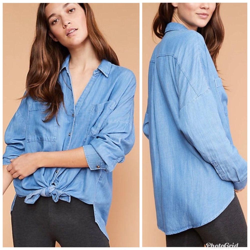 Lou & Grey Blue Chambray Denim Tie Front Button Up Layering Top Extra Small